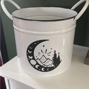 White Enamel Bucket with Moon and Mountain Design
